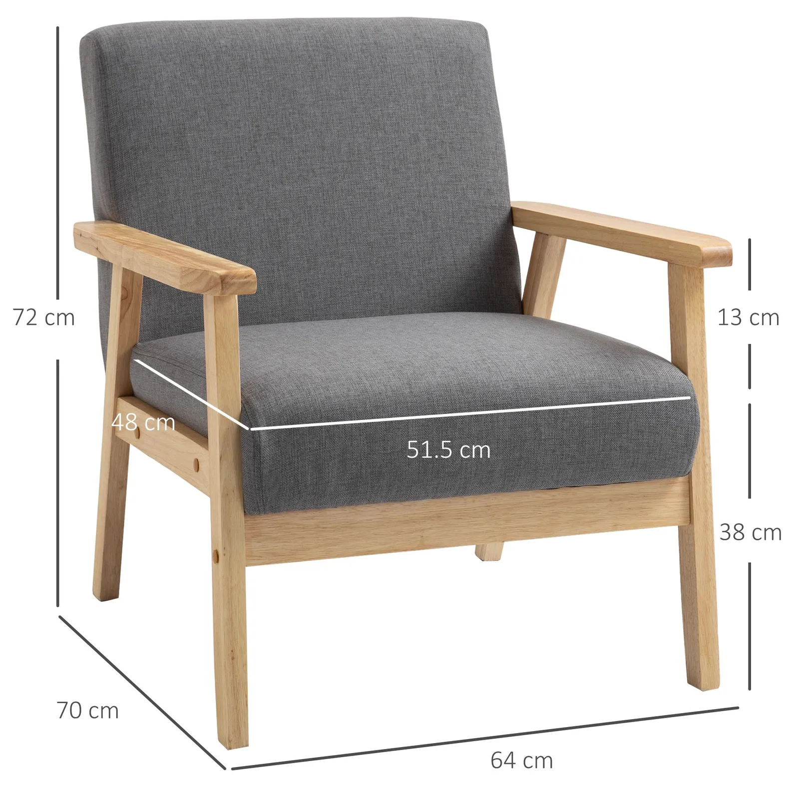HOMCOM Accent Chair with Wood Frame Wide Seat Linen Armchair in Grey 3