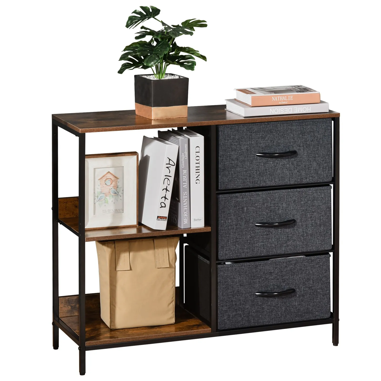HOMCOM Cabinet Organizer 3 Drawer Chest Dresser Tower w/ 2 Shelves for Bedroom in Black 2