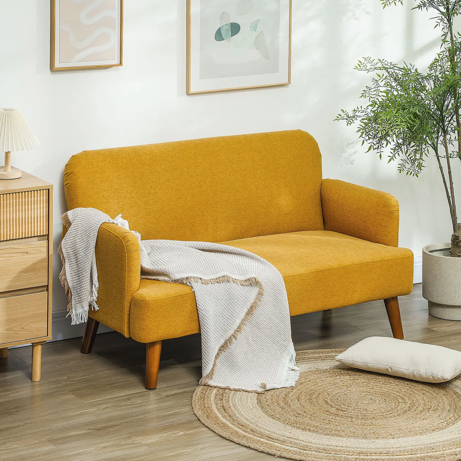 HOMCOM 2 Seater Sofa with 21cm Thick Padding & Wood Legs in Yellow 1