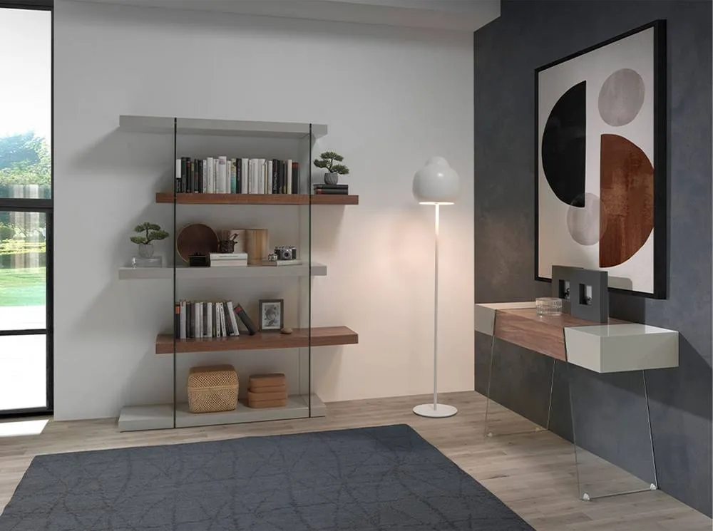 Angel Cerda Walnut & Glass Shelf with Pearl Grey Lacquered MDF 3