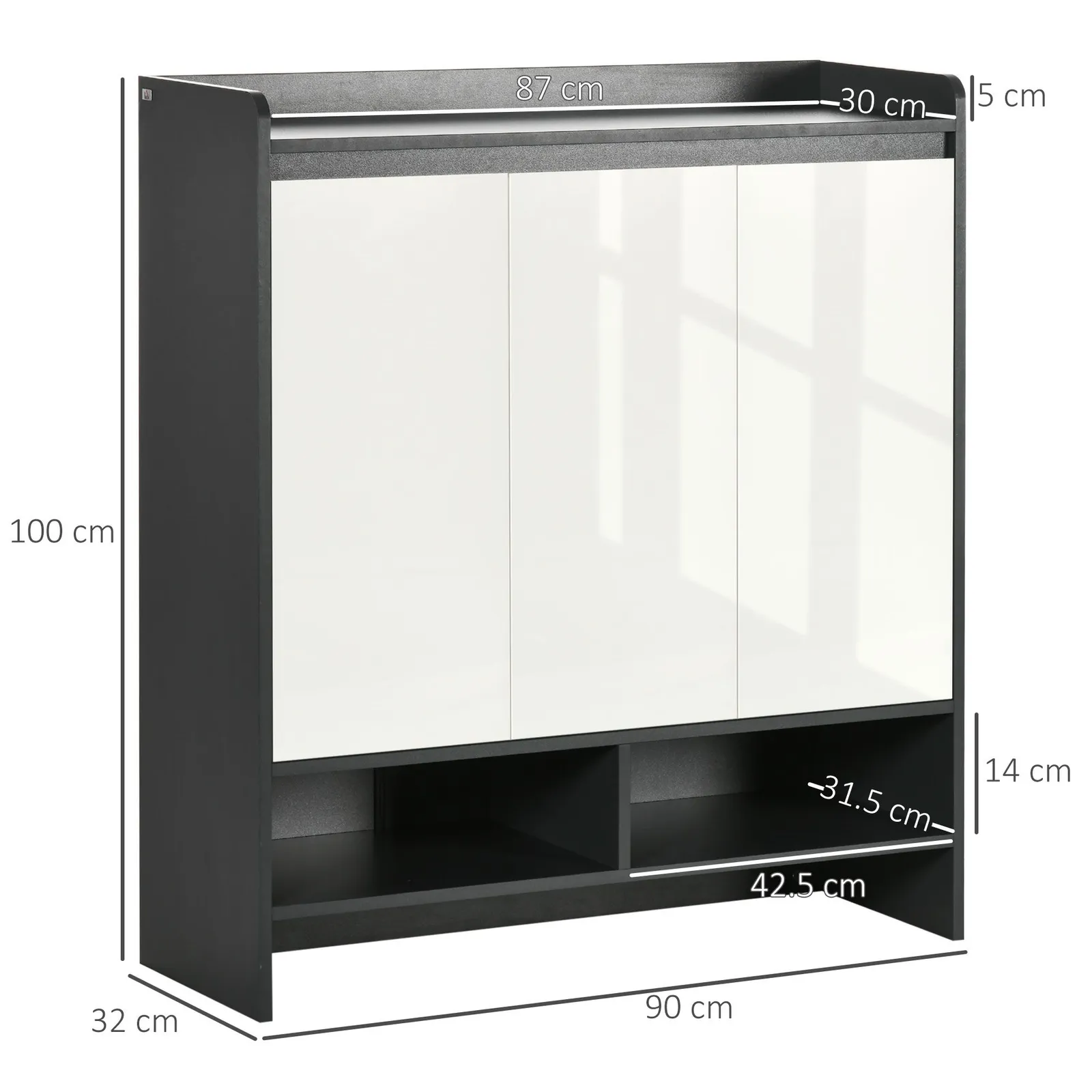 HOMCOM Storage Cabinet with High Gloss White Doors for 19 Pairs of Shoes in Grey 3