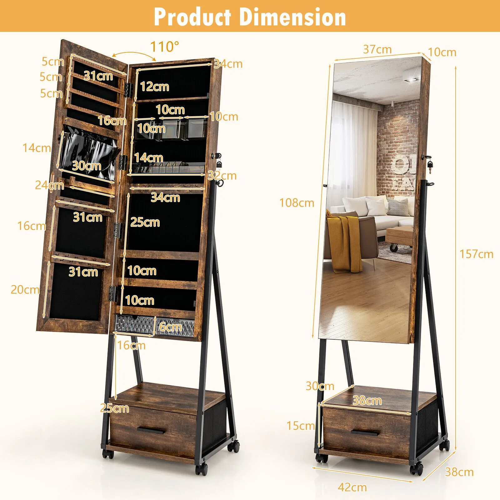 Costway Mobile Mirror Jewelry Cabinet Standing Makeup Organizer Jewelry Armoire w/ Lockable Door in Brown 2