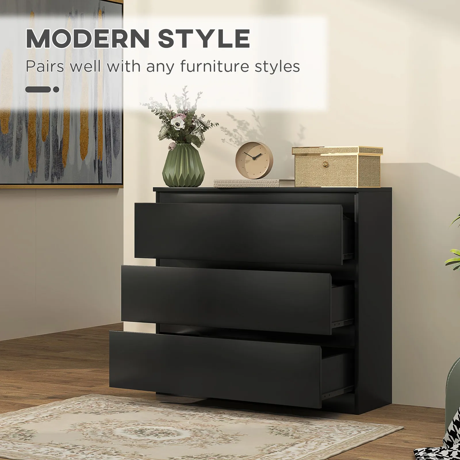 HOMCOM Chest of Drawers, 3 Drawer Storage Cabinet Unit for Bedroom in Black 4