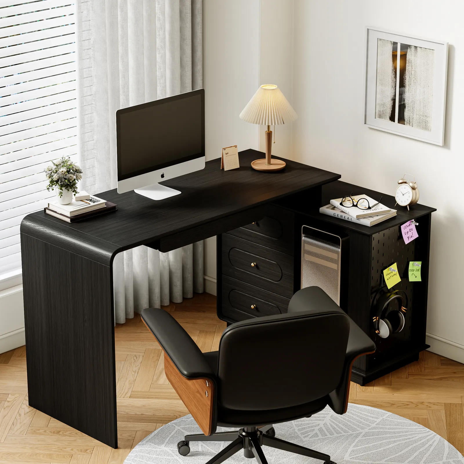 Modern 185 cm L-Shaped Black Rotating Desk with Keyboard Tray & Storage