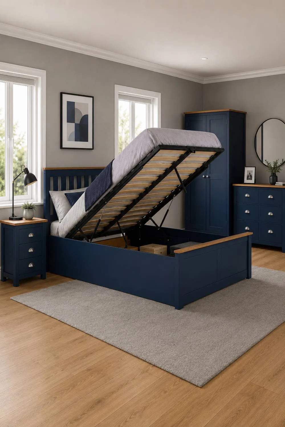 Birlea Small Double Ottoman Bed Navy Blue Aspen Wood Frame Storage 4FT Oak