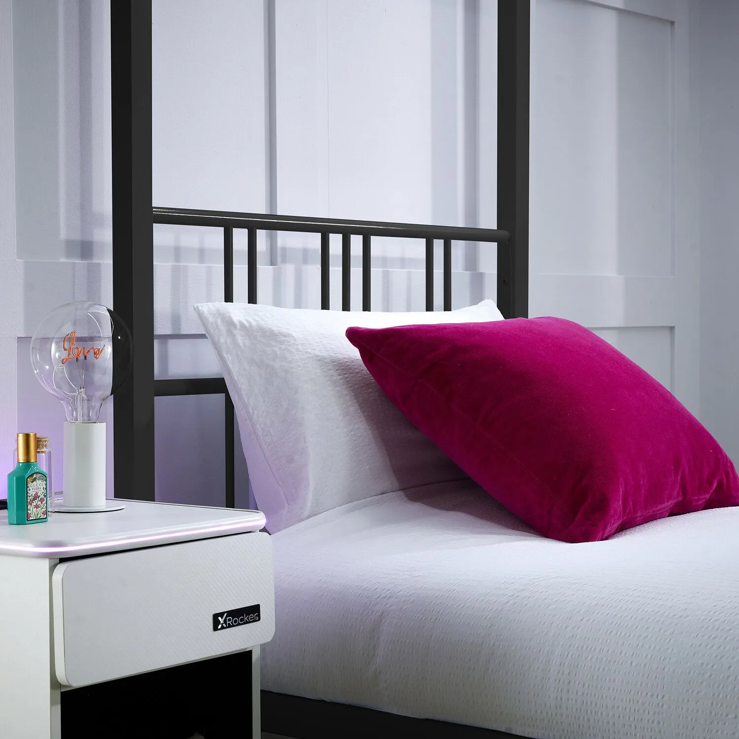 X Rocker Fern Four Poster Bed, Metal Bed Frame with LED Lighting in Black 2