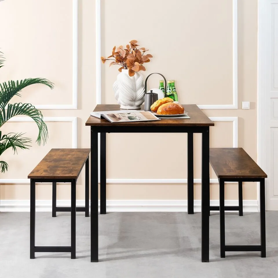 Costway 3 PCS Dining Table Set Space-Saving Kitchen Table Set w/2 Benches in Brown 3
