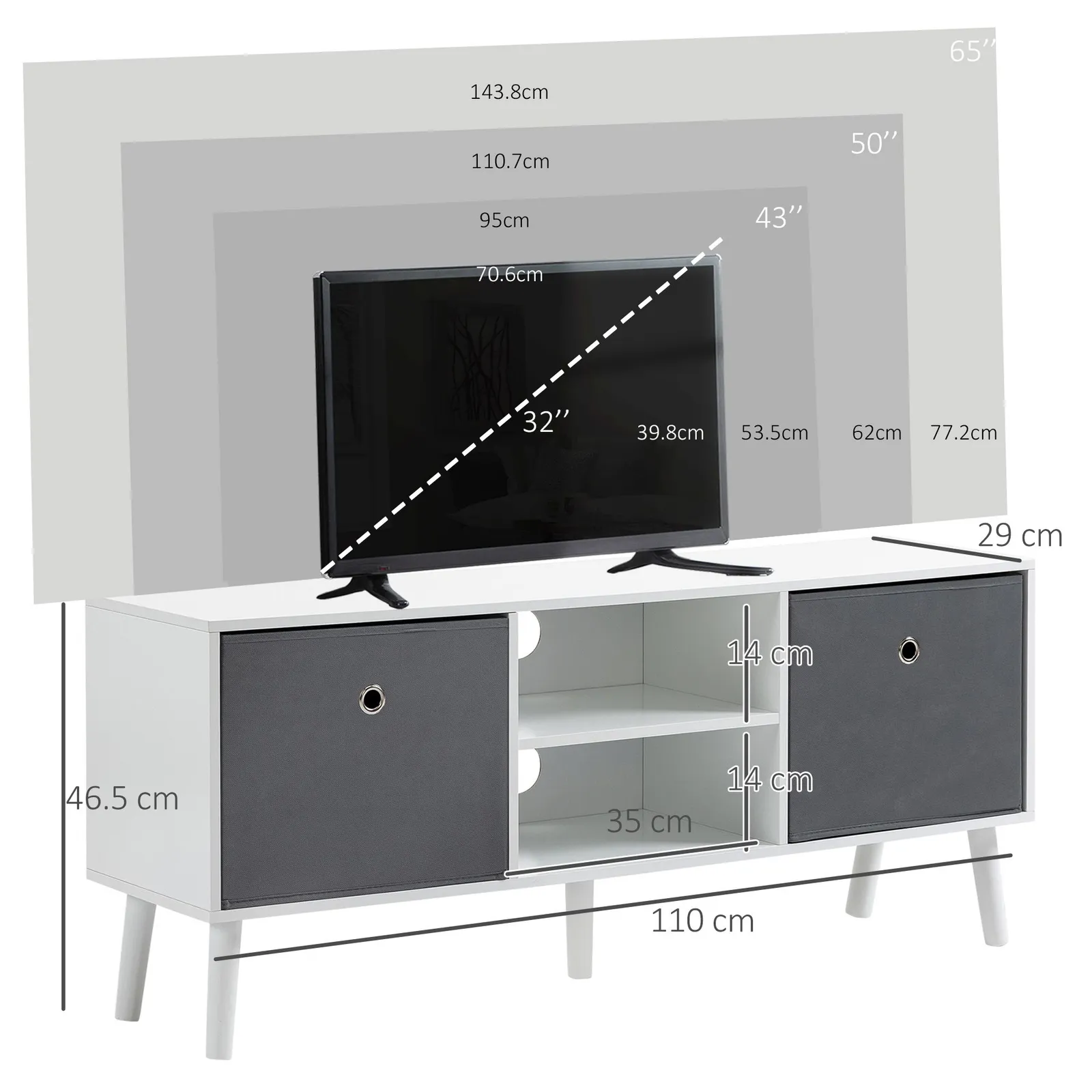 HOMCOM Modern TV Cabinet Stand w/ Shelves & Drawers, Bedroom in White 3