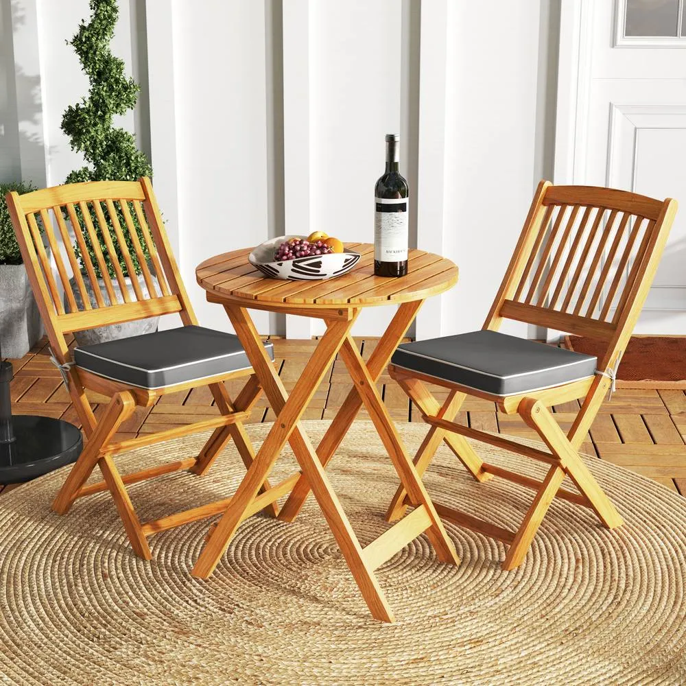 Costway 3 PCS Acacia Wood Folding Bistro Set Outdoor Table & Chairs Set with Cushions in Grey 4
