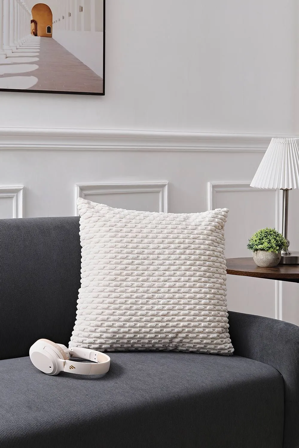 Living and Home Nordic Corduroy Solid Color Striped Throw Pillow Square Sofa Cushion, Beige