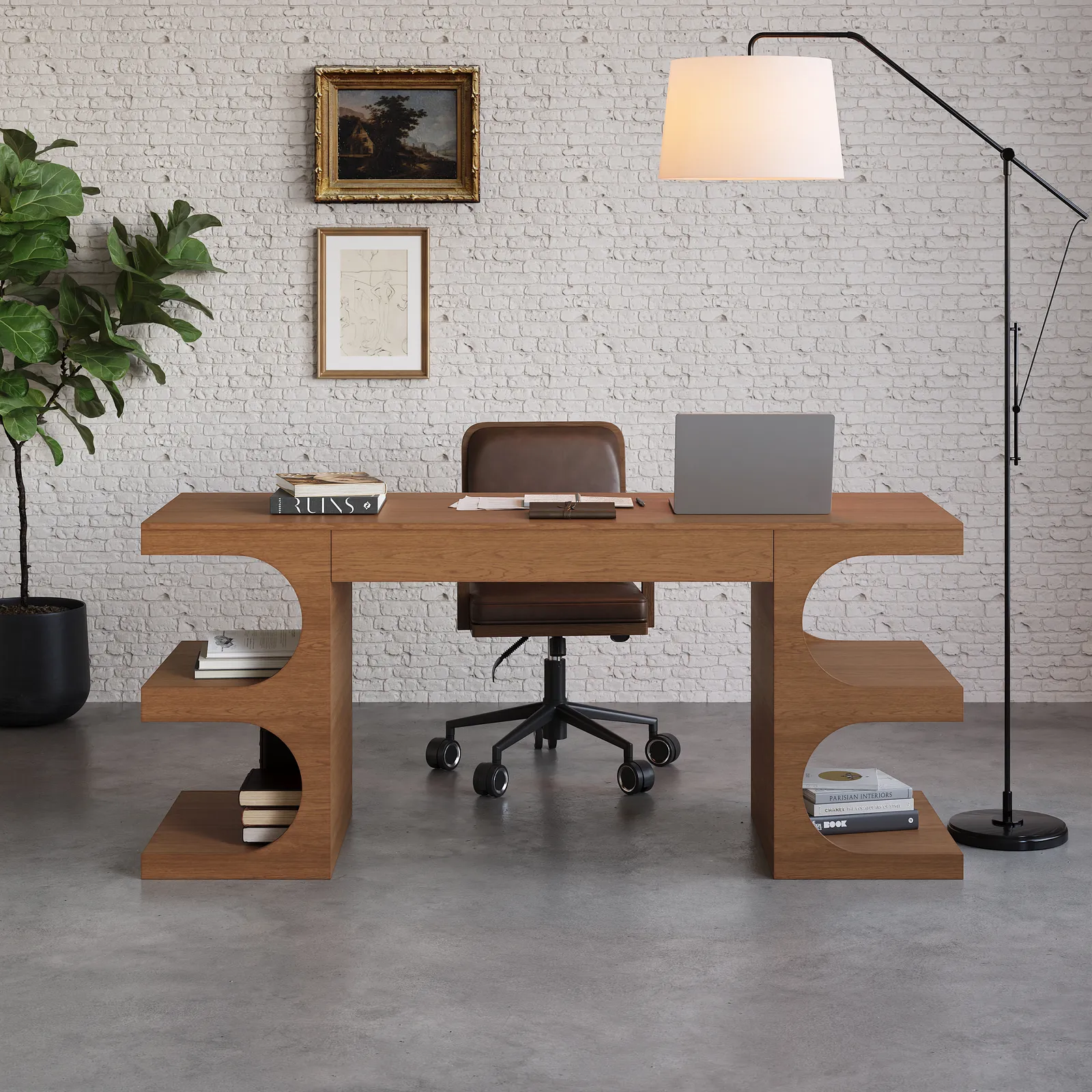 Walnut Office Writing Desk  Desk with Drawer & Shelves Modern Office Furniture (1630mm)