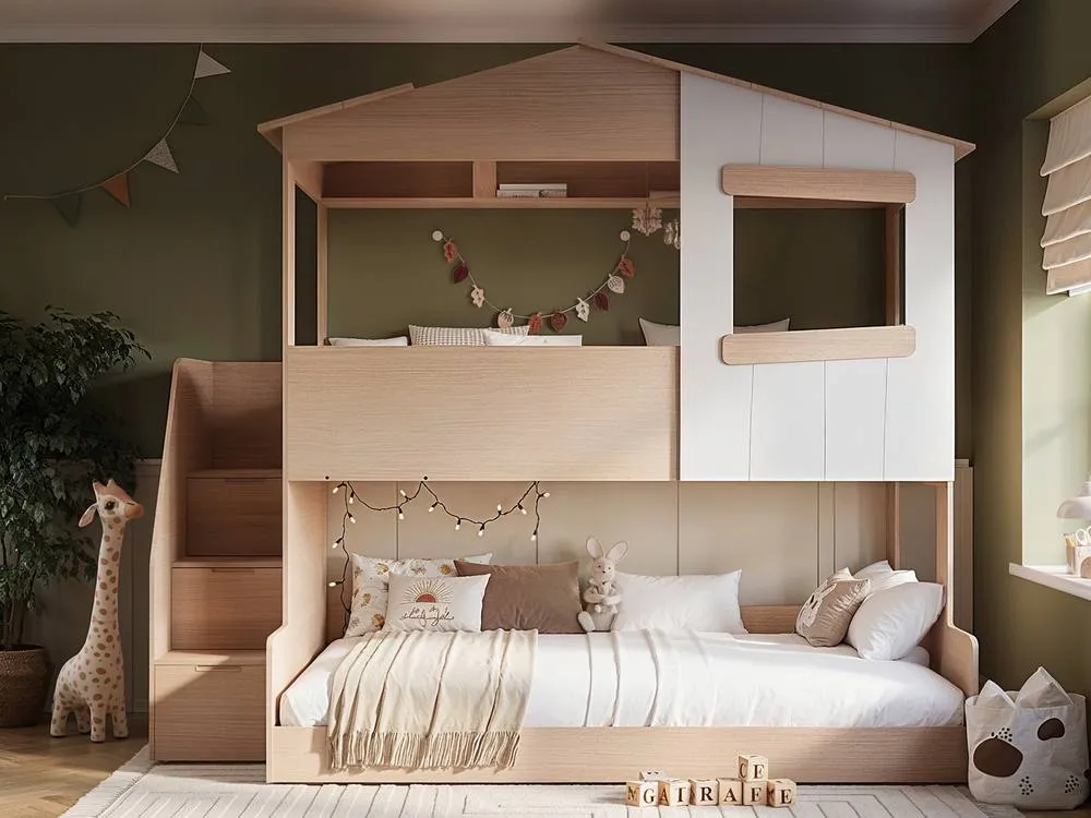 Flair Dreamland House Triple Bunk Bed with Staircase in Light Oak 2