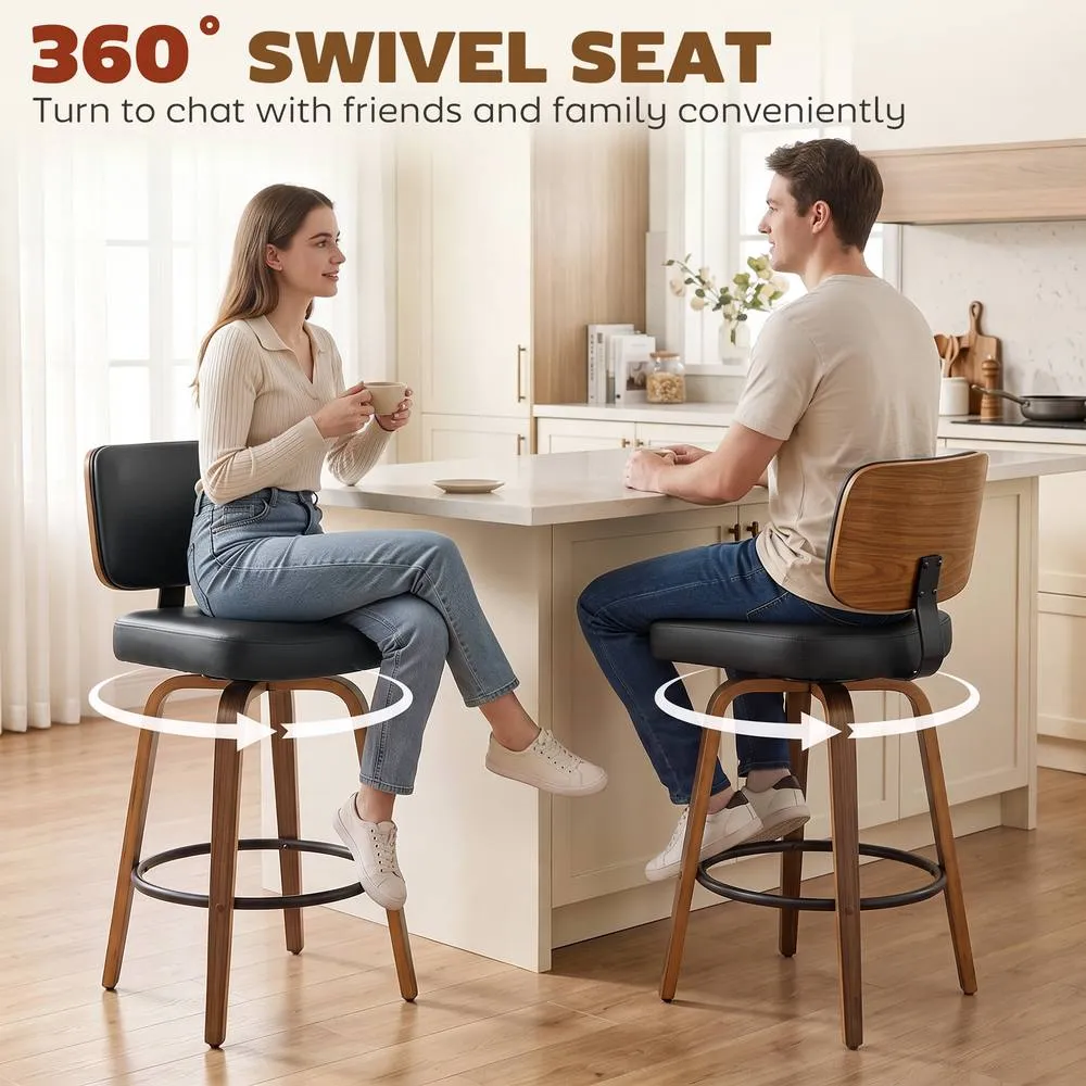 HOMCOM Bar Stools Set of 2, 360° Swivel Padded Seat, Curved Wood Legs, Black 6