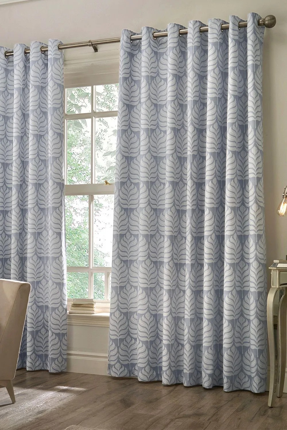 Paoletti Horto Embroidered Botanical Eyelet Curtains in Blue 1