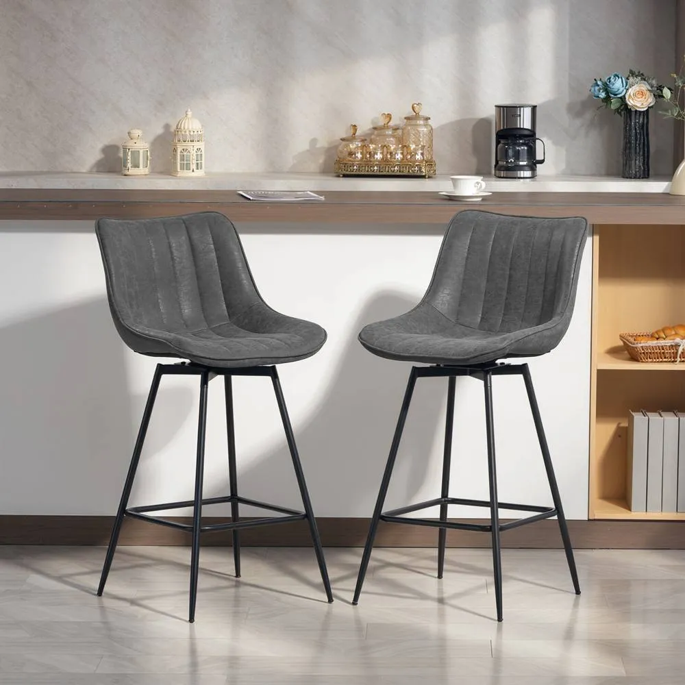HOMCOM Swivel Bar Stools Set of 2, PU Leather Upholstered Bar Chairs, Grey