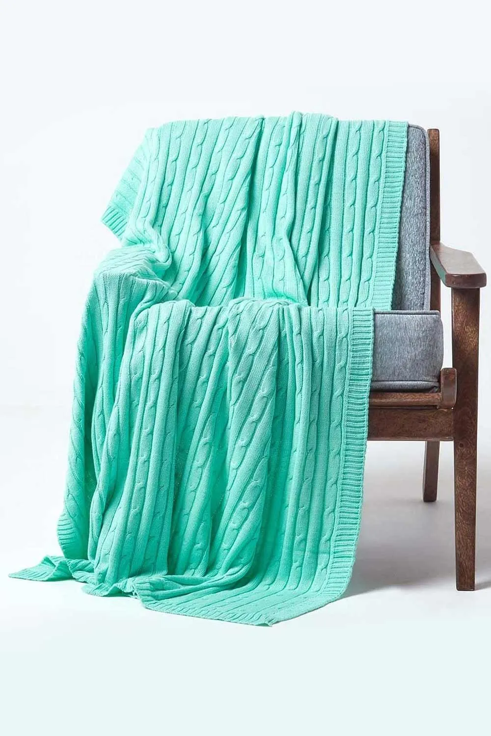 Homescapes Cotton Cable Knit Throw Soft & Cosy Vintage Blanket in Green