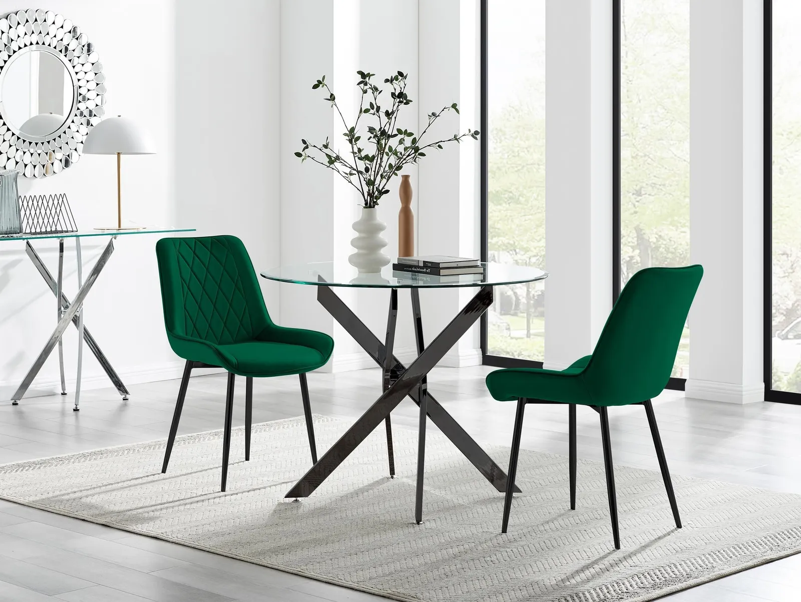 FurnitureboxUK Novara 100cm Round Black Leg Dining Table & 2 Pesaro Black Leg Chairs in Green 1