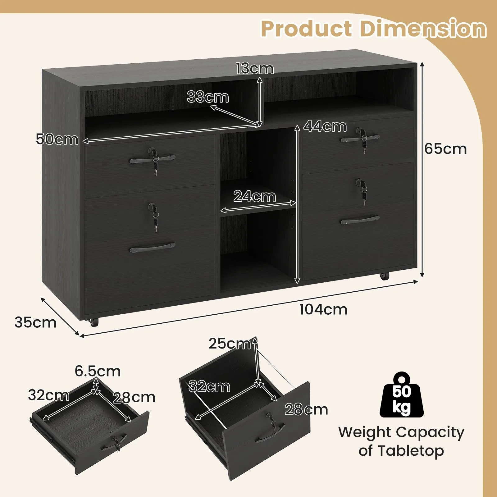 Costway File Cabinet Mobile Lateral Filing Storage Organizer with Lock in Black 2