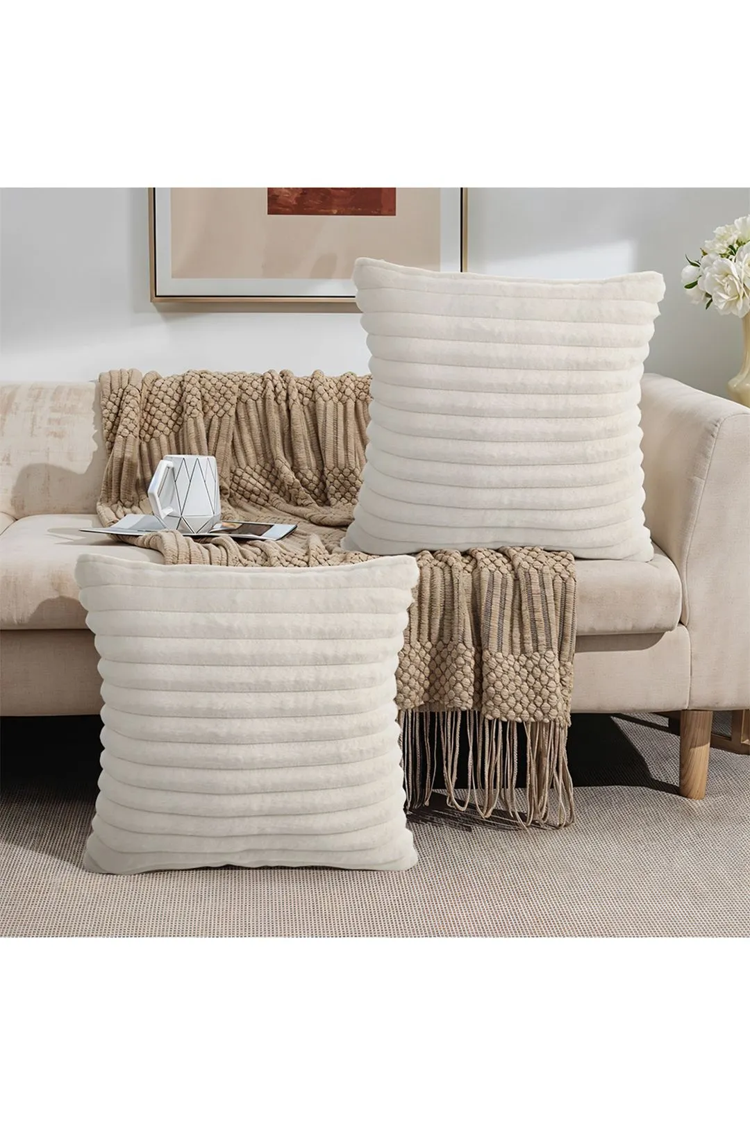Living and Home 2Pcs Soft Striped Plush Pillow Covers in White