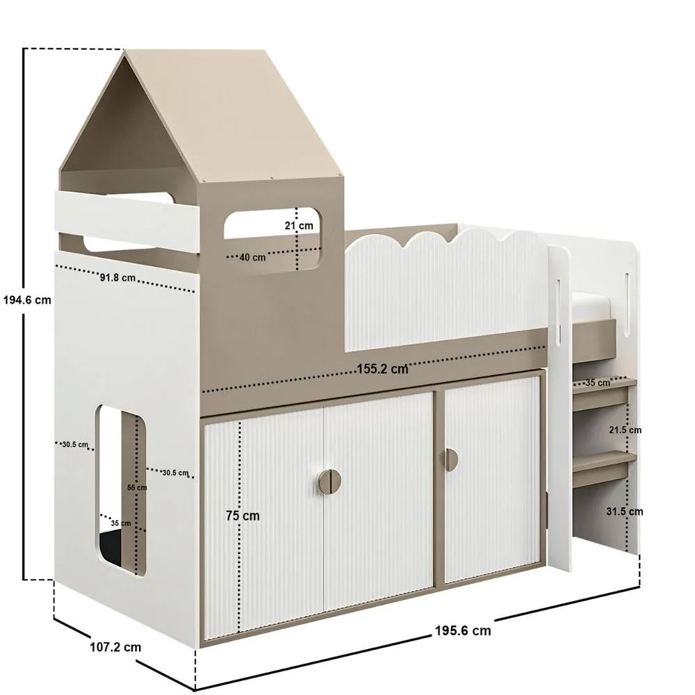 Flair Calista Ribbed House Mid Sleeper Bed with Storage White & Taupe 6