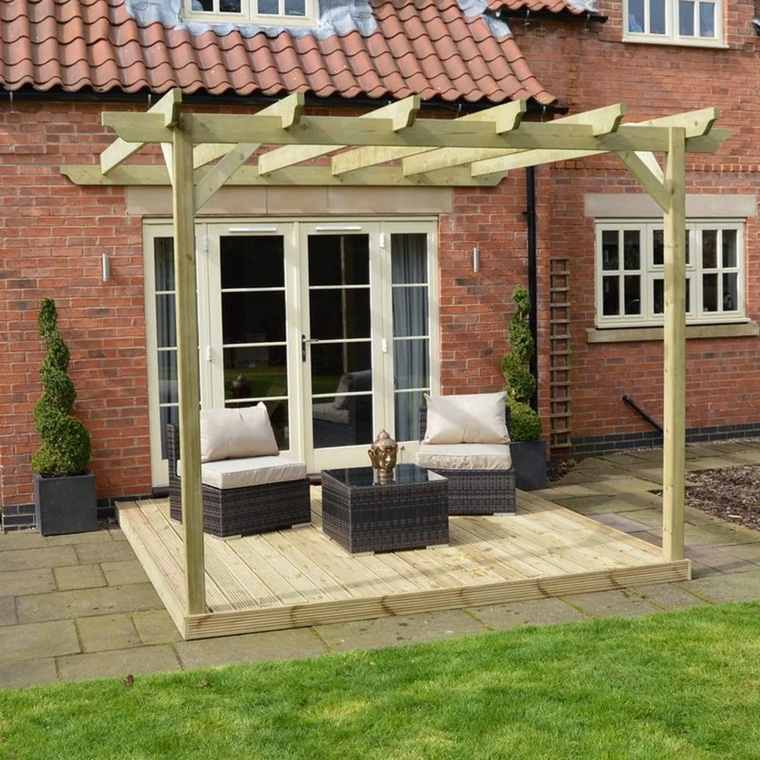 Rutland County Garden Furniture Ltd Wall Mounted Garden Pergola & Decking Kit, L420 x W420 cm, Brown in Green 5