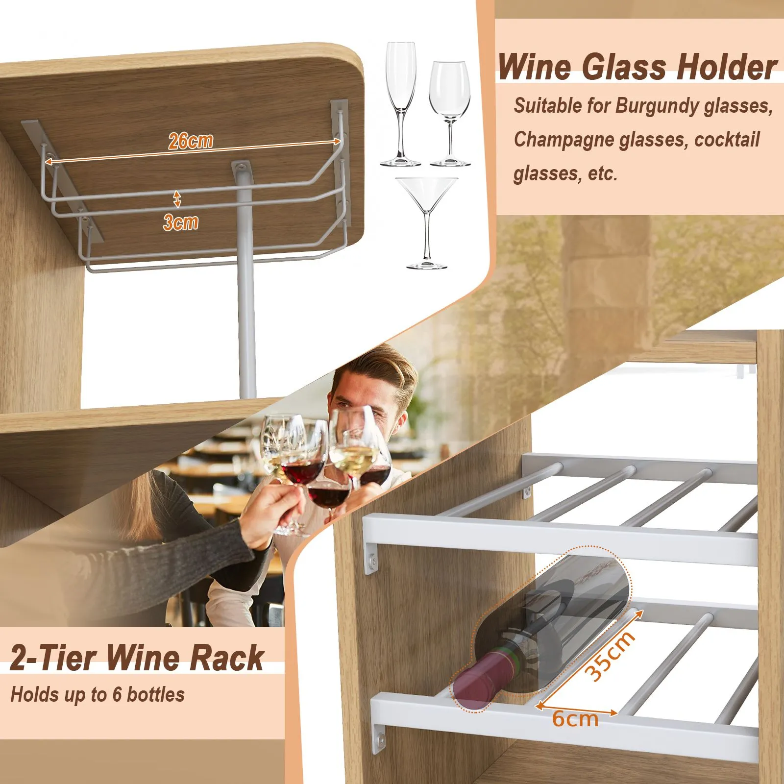Costway 3PCS Bar Table Chair Set Industrial Dining Table Stools w/ Glass Holders & Wine Racks in Brown 3