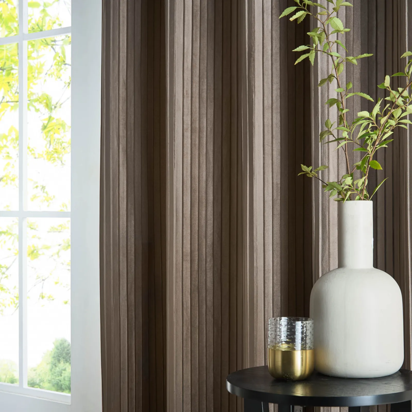 Paoletti Corinthian Velvet Room Darkening Eyelet Curtain Pair in Light Brown 3