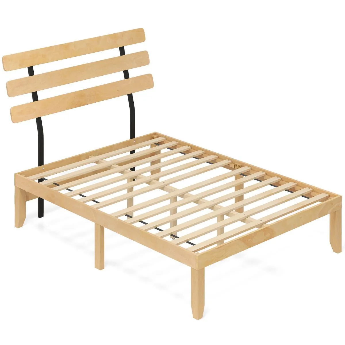 Costway Double Size Bed Frame Solid Wood Platform Bed w/ Retro Headboard in Natural 2