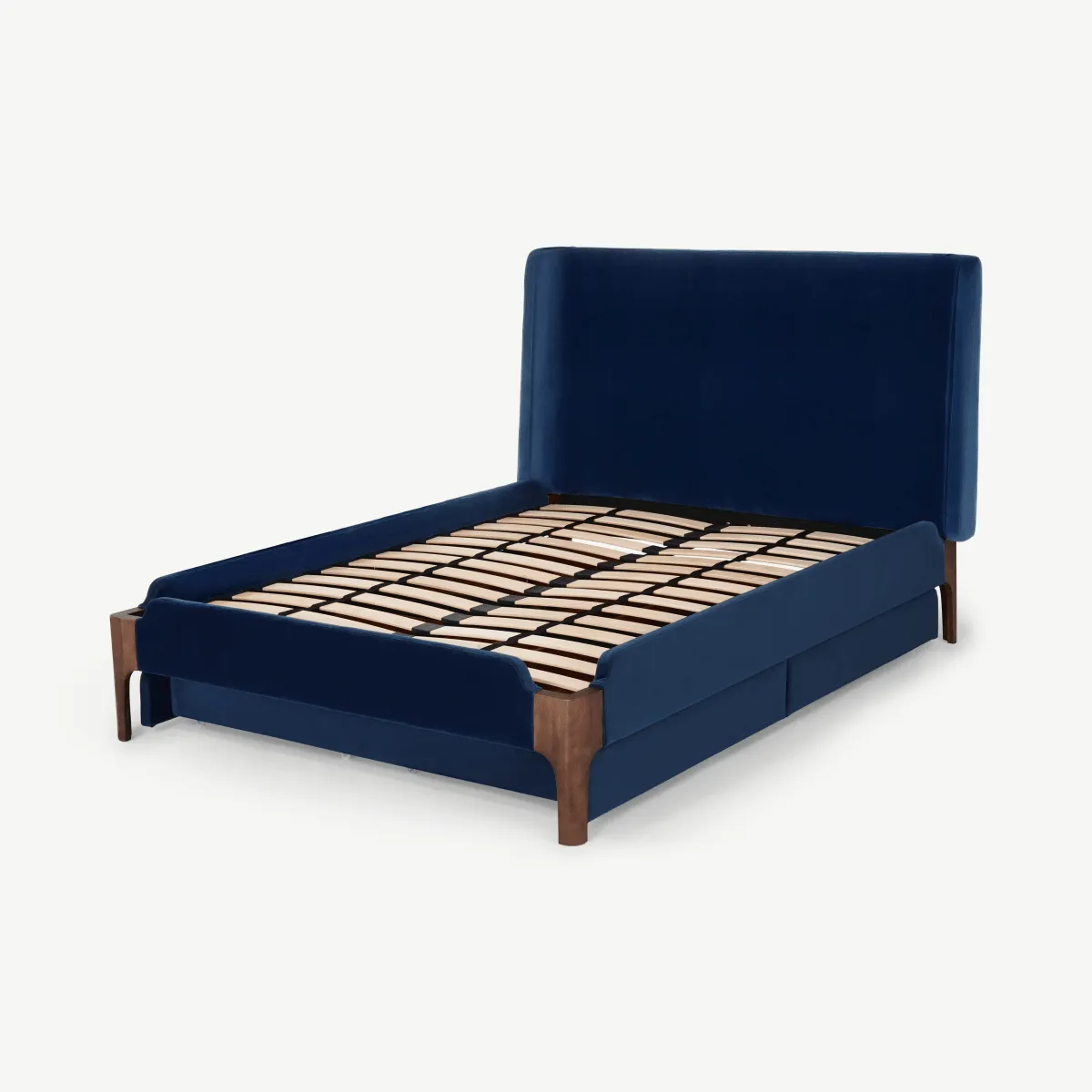Roscoe King Size Bed with Storage Drawers, Royal Blue Velvet & Dark Stain Oak Legs