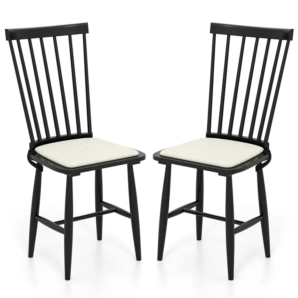 Costway 2PCS Windsor Dining Chair Wooden Chairs w/ Removable Seat Cushion in Black