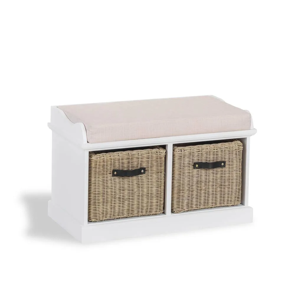 Statement Furniture Tetbury Bench with 2 Brown Faux Rattan Baskets & Cream Cushion in White 4