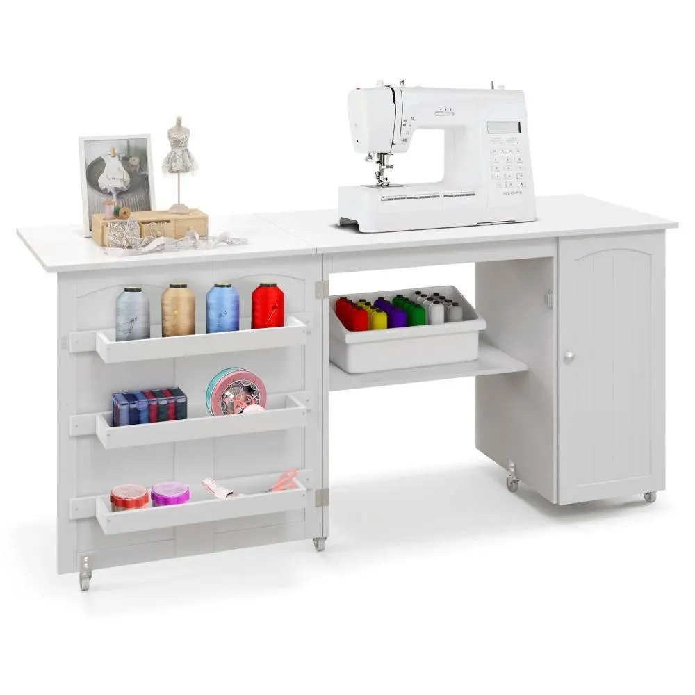 Costway Large Foldable Sewing Table Rolling Drop Leaf Craft Table with Lockable Casters in White
