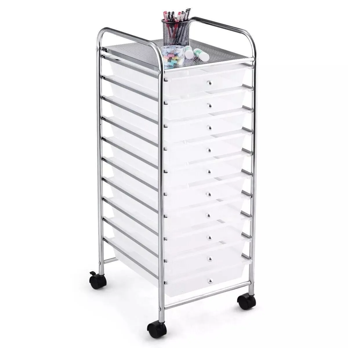 Costway 10 Drawers Storage Trolley Mobile Rolling Utility Cart Home Office Organizer in Clear