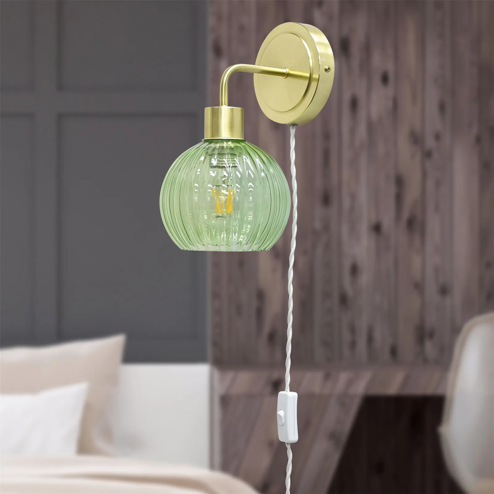 First Choice Lighting Set of 2 Toby - Satin Brass Plug in Wall Lights Green Ribbed Shades in Gold 4