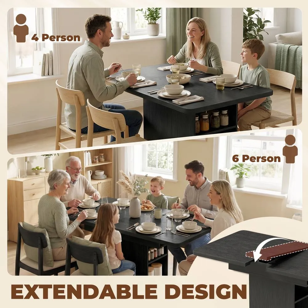 HOMCOM Extendable Dining Table for 4-6, Kitchen Table with Shelves, Black 4