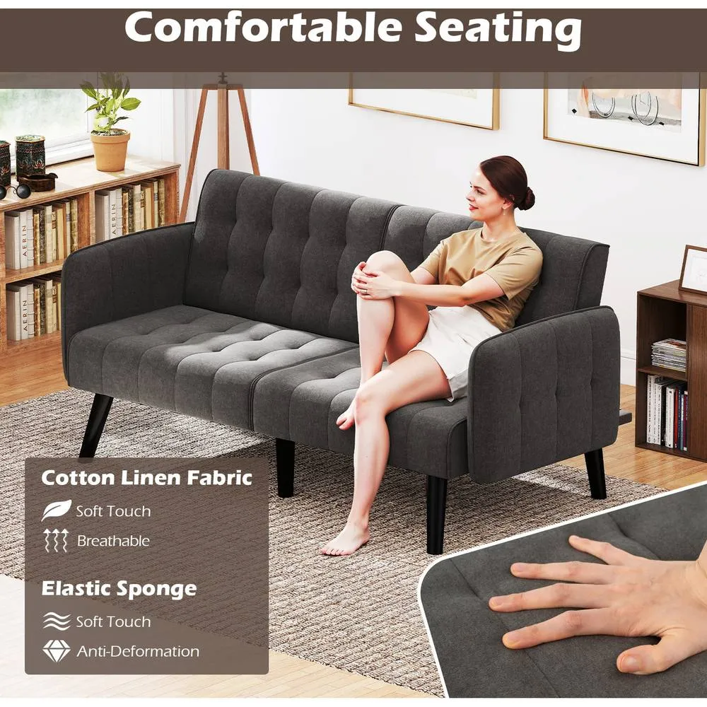 Costway 164 CM Convertible Futon Sofa Bed Couch Loveseat W/ Backrests Grey 4