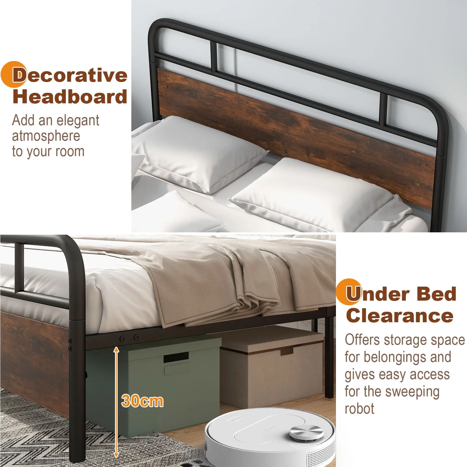 Costway Industrial King Size Bed Frame Heavy-duty Platform Bed in Dark Brown 4