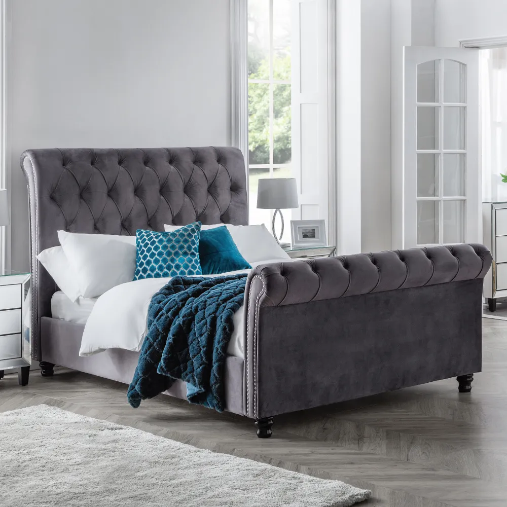 Valentino Grey Velvet Fabric Sleigh Bed Frame - 4ft6 Double
