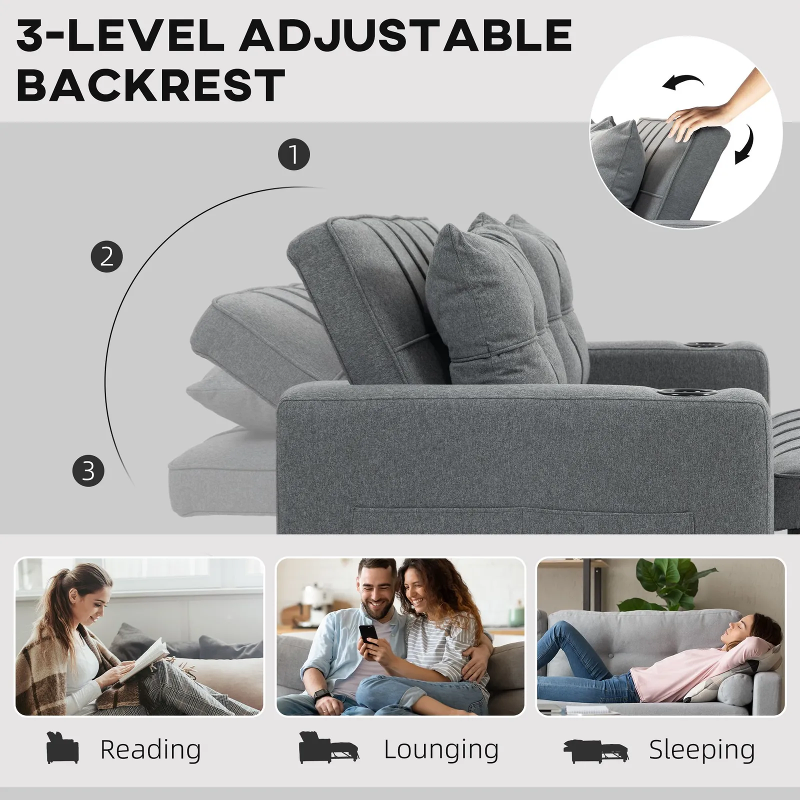 HOMCOM 2 Seater Pull Out Sofa Bed with Pockets for Living Room in Dark Grey 6