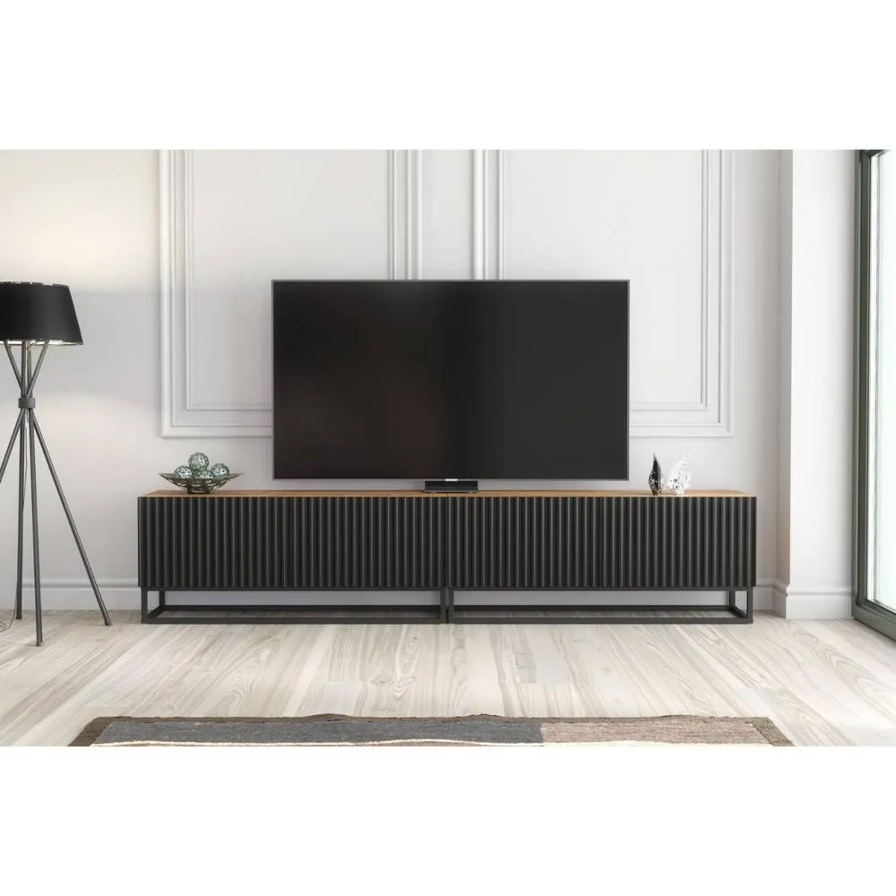 Creative Furniture Ripple Duo TV Unit 200cm - Oak & Black Fluted Doors in Brown 2
