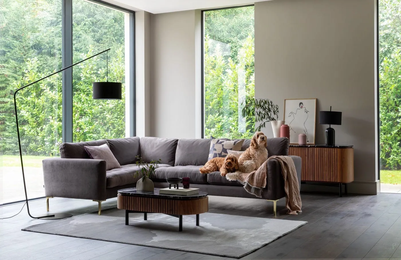 Heal's Eton Right Hand Facing Corner Sofa Brushed Cotton Pine Black Feet 2