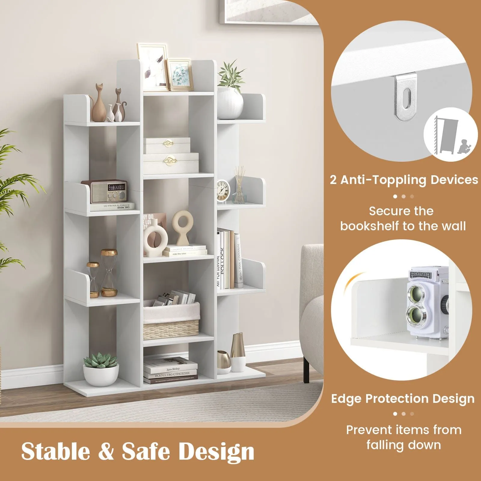 Costway Tree Bookshelf Display Cube Shelf Corner Books Storage Organizer in White 5