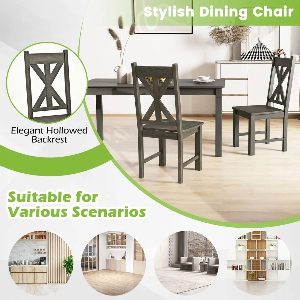 Costway Wooden Dining Chairs Kitchen Chair Set of 2 w/ Rubber Wood Frame in Grey 5