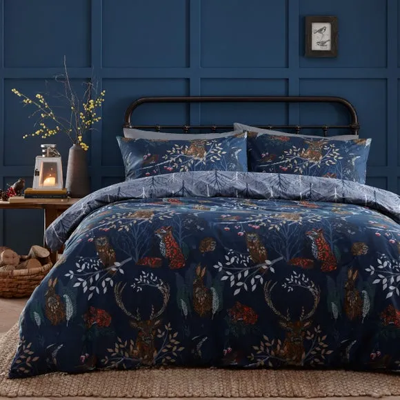 Furn. Forest Fauna Single Duvet Cover Set Cotton Navy, Blue 2