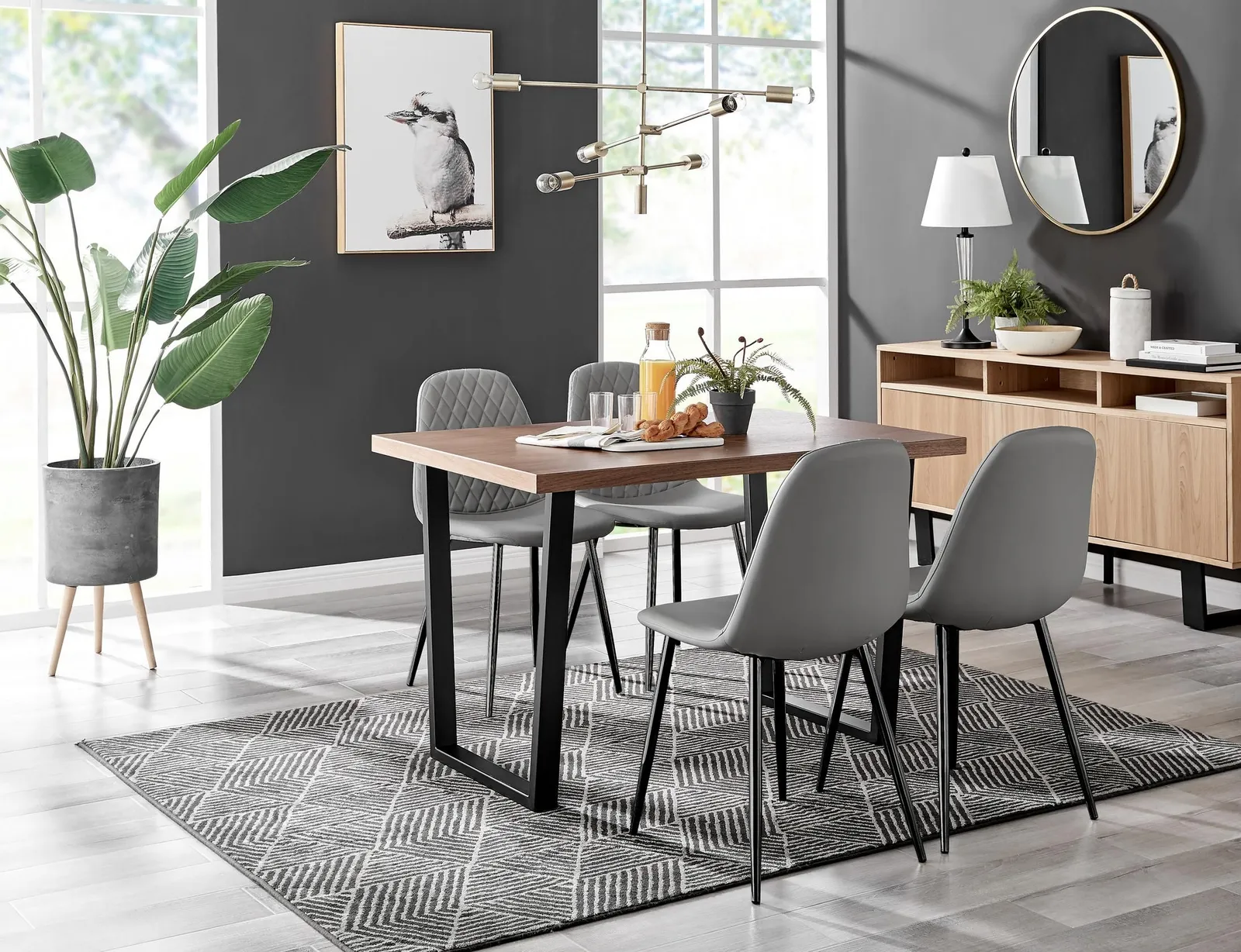 FurnitureboxUK Kylo Brown Wood Effect Dining Table With Black 'U' Legs & 4 Corona Faux Leather Chairs in Grey 1