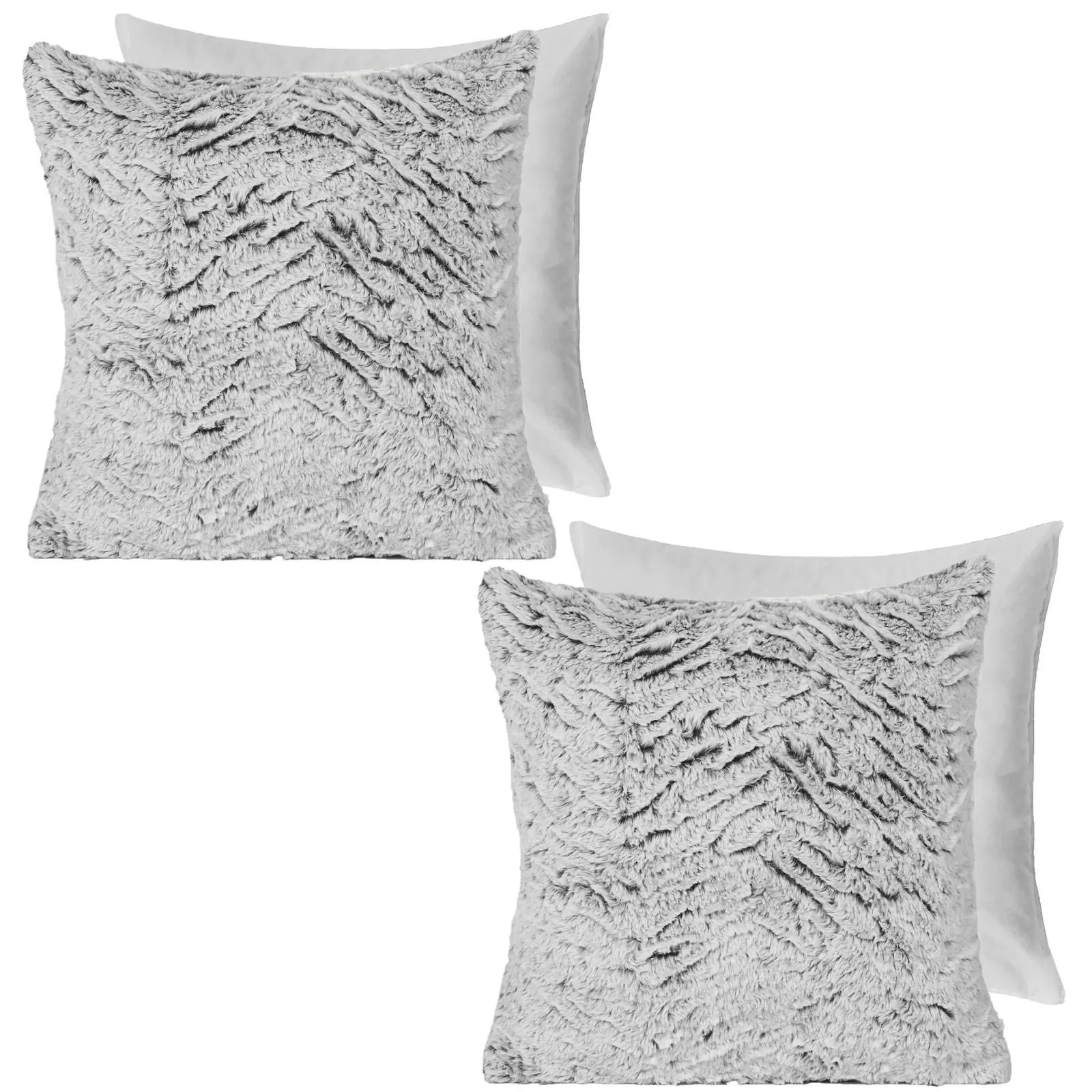 OHS 2 Pack Two Tone Faux Fur Soft Fleece Filled Cushion Covers - 45 x 45cm in Light Grey