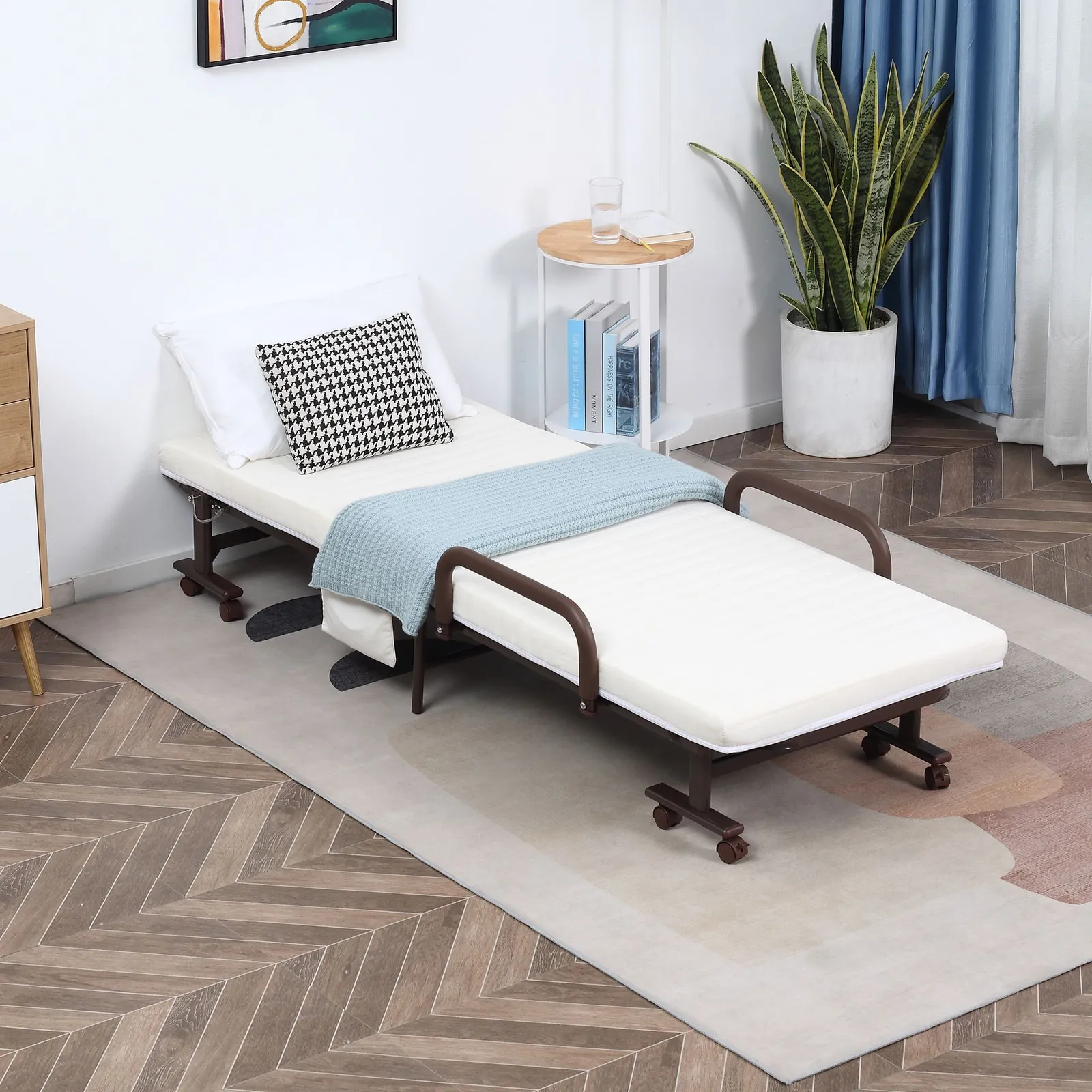 HOMCOM Folding Bed with Mattress Guest Bed with Adjustable Backrest & Wheels in White