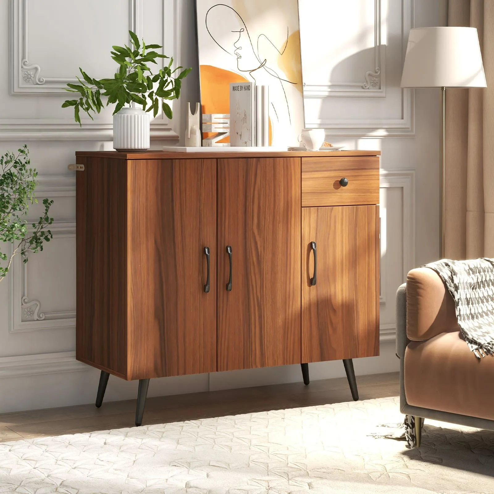 Costway Buffet Cabinet Kitchen Modern Storage Cabinet w/Pull-out Drawer in Walnut 3