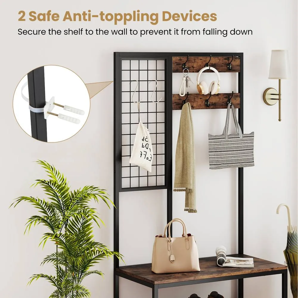 Costway Industrial Coat Rack with Shoe Bench & Wall Grid Panel-Brown in Brown 6