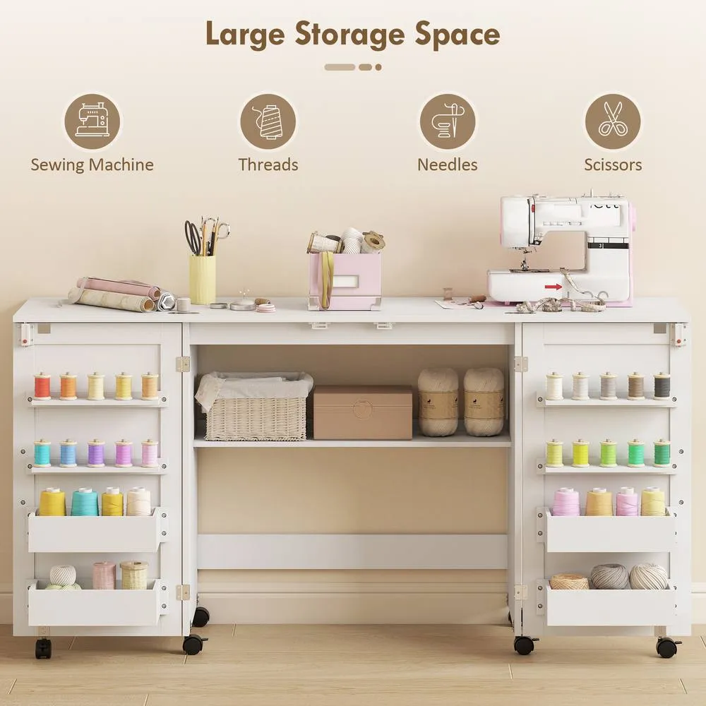 HOMCOM Folding Sewing Table with 2 Magnetic Doors, Storage Shelf, White 6